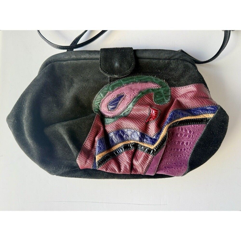 Etra Vintage Patchwork Leather Crossbody Bag Purse Colorful Pink Paisley 80s